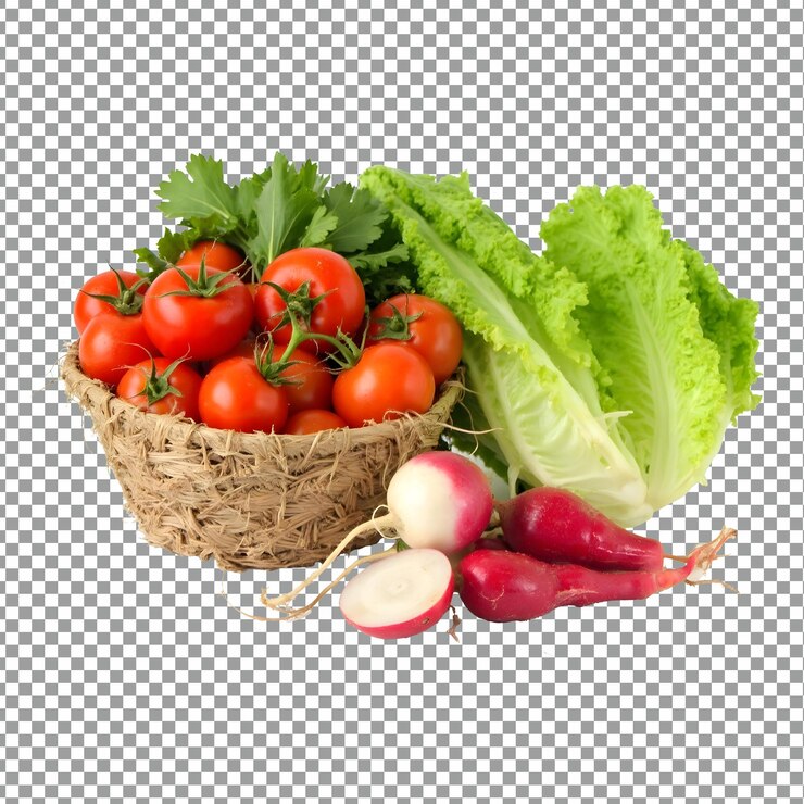 PSD una canasta de verduras, incluidos los rábanos, rábanos y rábanos