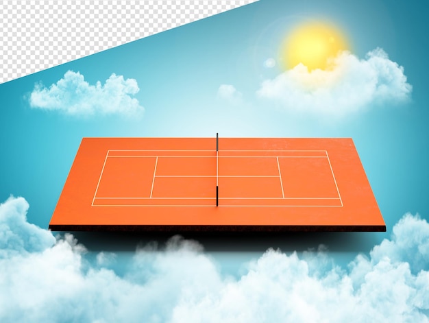 Cancha de tenis sobre fondo de cielo azul con nubes y sol ilustración 3d