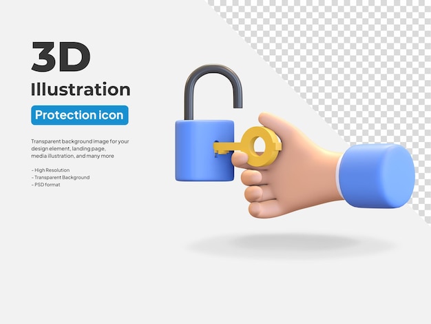 PSD candado abierto a mano con símbolo de protección de icono de llave ilustración de render 3d