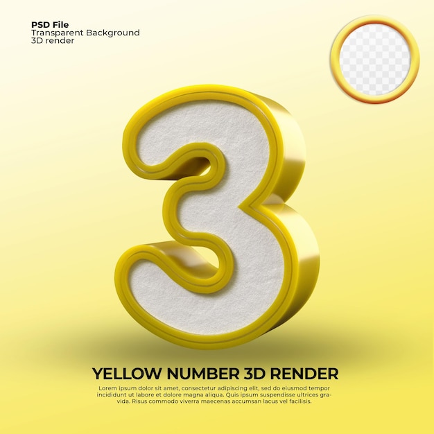 Candela di plastica di colore giallo numero 3 di rendering 3D