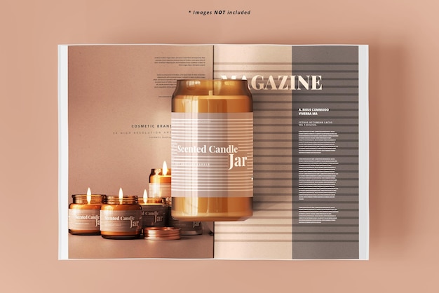 Candela in vetro ambrato con mockup di riviste