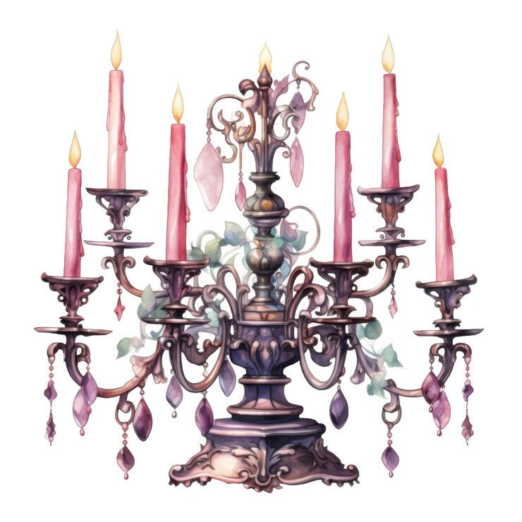 PSD candelabro adornado con velas rosas y gotas de cristal