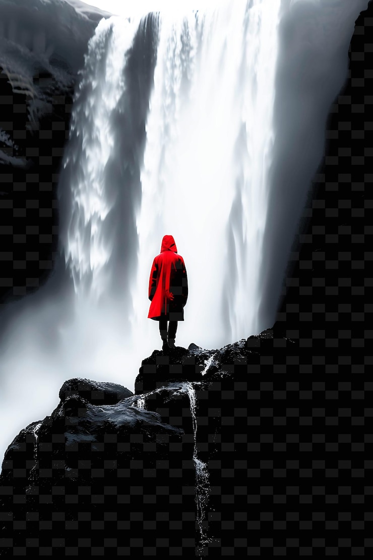PSD un candidat visitant une cascade avec une brume de imperméable rouge te png illustration plate arrière-plan
