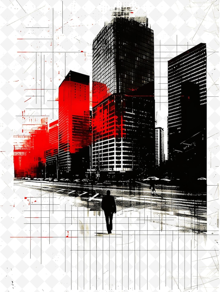 PSD un candidato visitando una ciudad con una cuadrícula de rascacielos rojos textu png ilustración plana de fondo