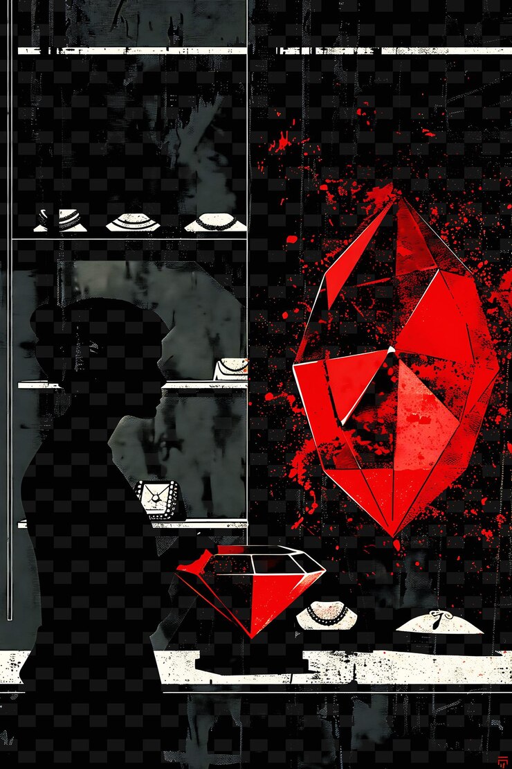 PSD un candidato visitando una joyería con un fondo de ilustración plana de png con facetas de rubí rojo