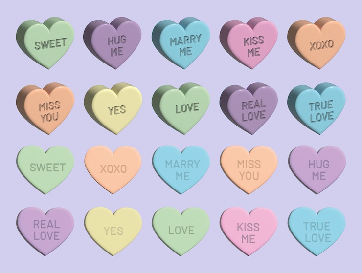 PSD candy hearts avec des messages de saint-valentin des bonbons de cœur mignons avec des phrases romantiques candy hearts 3d