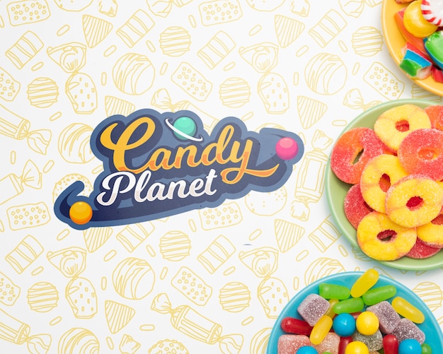 PSD candy planet und teller mit süßigkeiten gefüllt