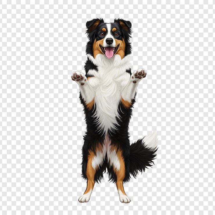 PSD cane tricolore felice in piedi sulle zampe posteriori