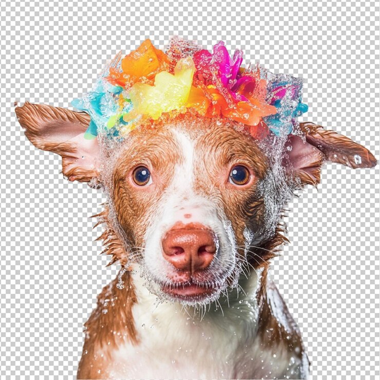 PSD cane umido divertente doccia fiori colorati animale domestico giocoso adorabile felice marrone bianco canino bagno animale