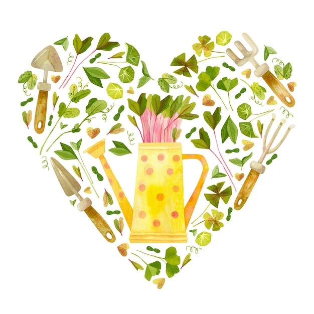 Caneca de irrigação amarela bonita ferramentas de jardim e folhas moldura de aquarela em forma de coração Aquarela de primavera