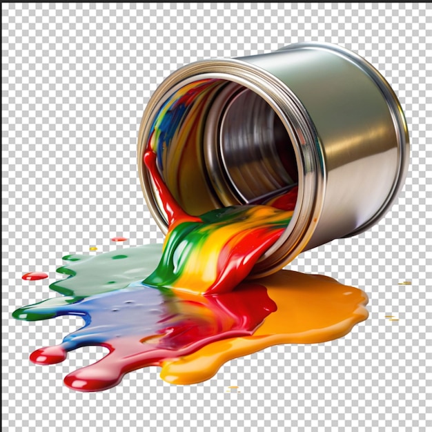 PSD caneca de pintura metálica aberta com pintura colorida derramada ilustração 3d de fundo transparente