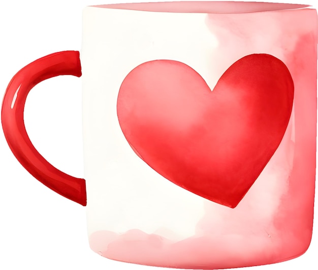 PSD caneca fofa em aquarela com clipart isolado de coração vermelho pintado para decoração romântica de banner de cartão de dia dos namorados