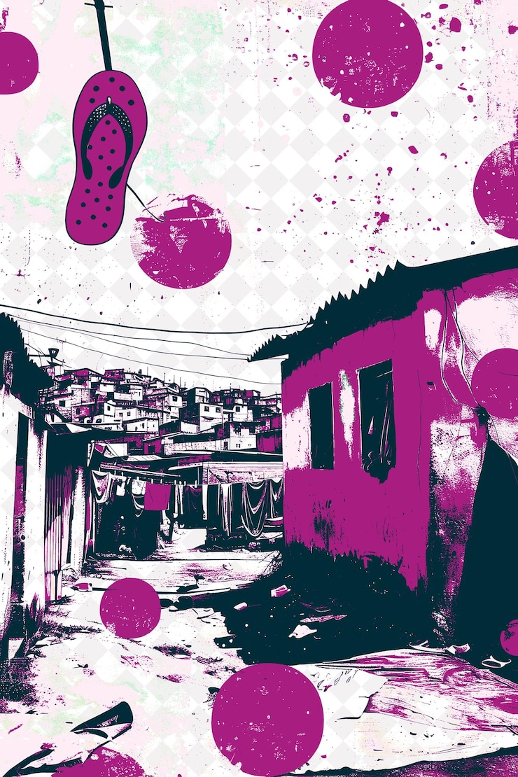 PSD canga envuelta sobre un cordón de la ropa en una favela con una escena roja de havai brasil e ilustraciones culturales