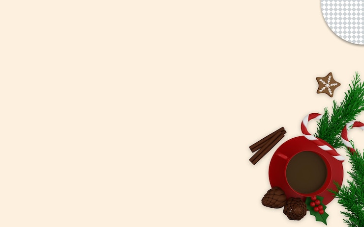 PSD cangkir merah 3d cokelat panas dengan kue stik kayu manis dan ornamen natal