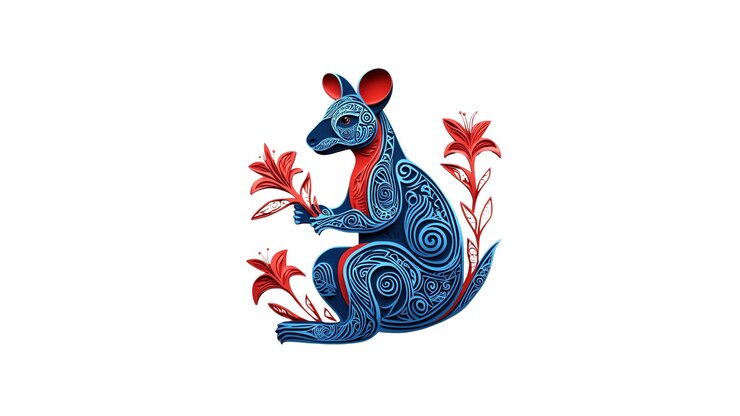 PSD canguru azul e vermelho intrincado com flores ilustração artística de animais