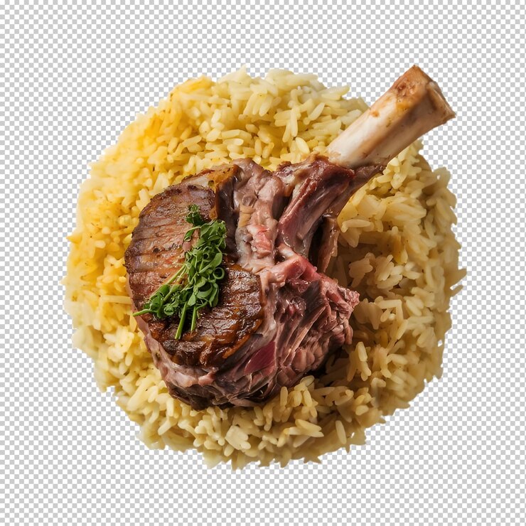 PSD cano de cordeiro assado com arroz isolado sobre um fundo branco transparente