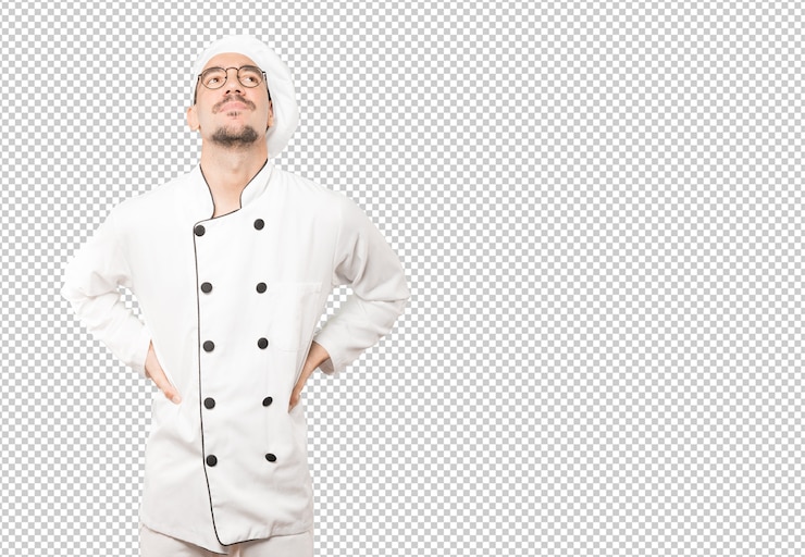 PSD cansado jovem chef posando contra o fundo