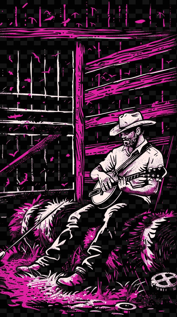 PSD cantante de country tocando un banjo en un granero con balas de heno e ilustración vectorial idea de póster de música
