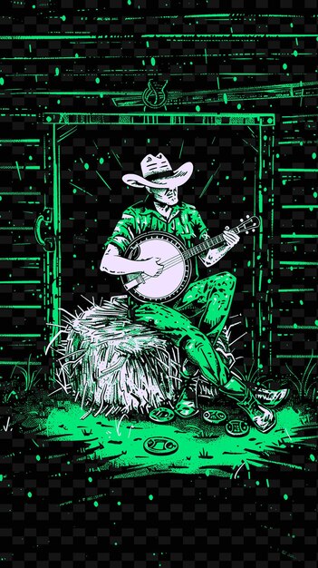 PSD cantante de country tocando un banjo en un granero con balas de heno e ilustración vectorial idea de póster de música