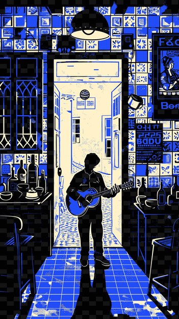 Cantante de fado actuando en una taberna de lisboa con paredes de azulejos una ilustración vectorial idea de cartel musical