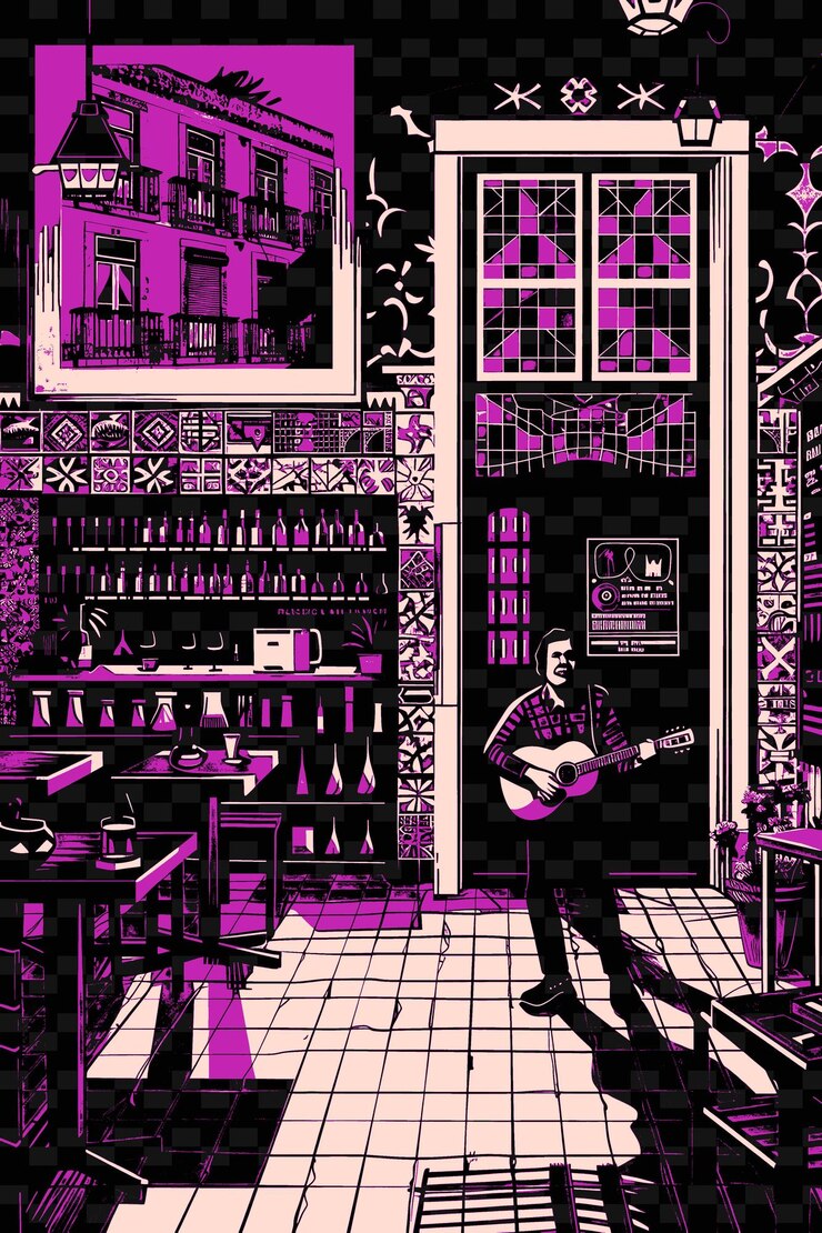 PSD cantante de fado actuando en una taberna de lisboa con paredes de azulejos una ilustración vectorial idea de cartel musical