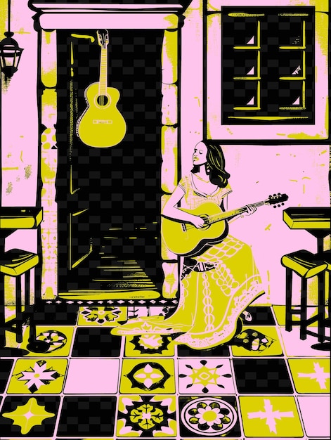 PSD cantante de fado en una taberna de lisboa con azulejos y guitarras pos ilustración vectorial idea de cartel musical