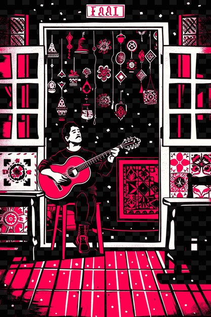 PSD cantante de fado en una taberna de lisboa con azulejos y guitarras pos ilustración vectorial idea de cartel musical