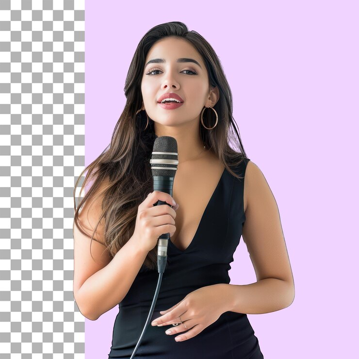 PSD cantante femenina cantando en el micrófono fondo transparente png cortado camino de corte de archivo sin fondo