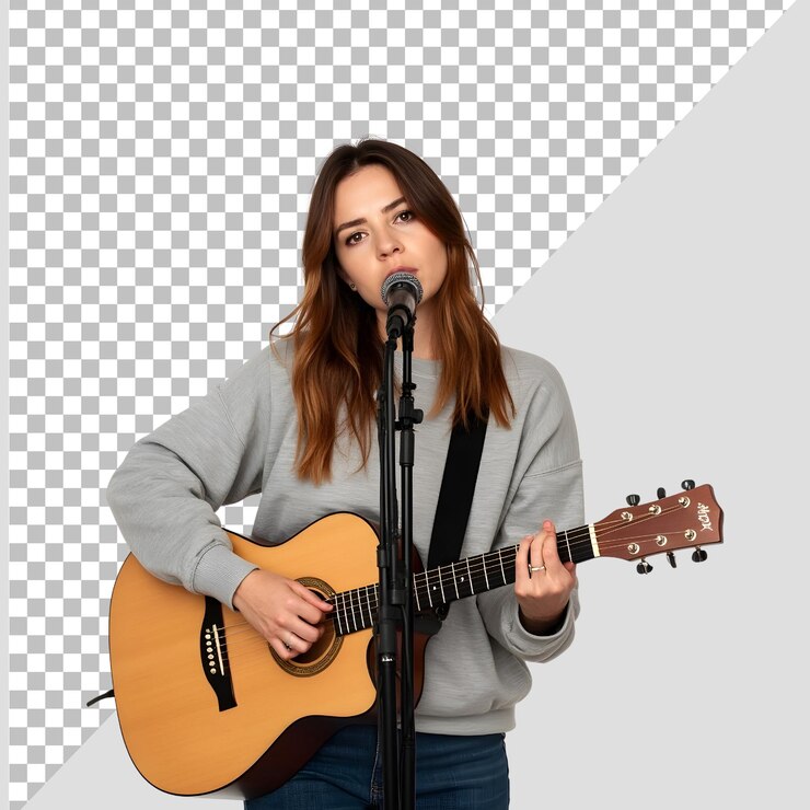 PSD cantante femenina sosteniendo una guitarra en un fondo transparente
