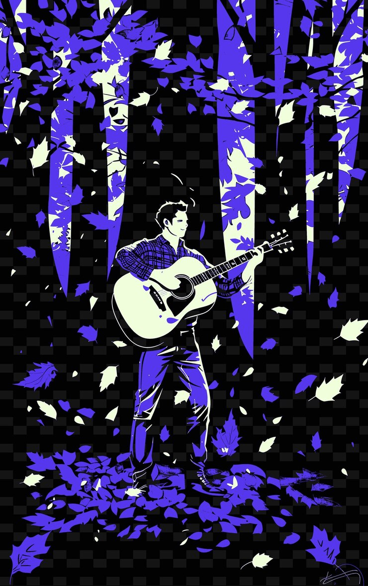 PSD cantante folclórico tocando una guitarra en un bosque con hojas falli ilustración vectorial de música poster idea