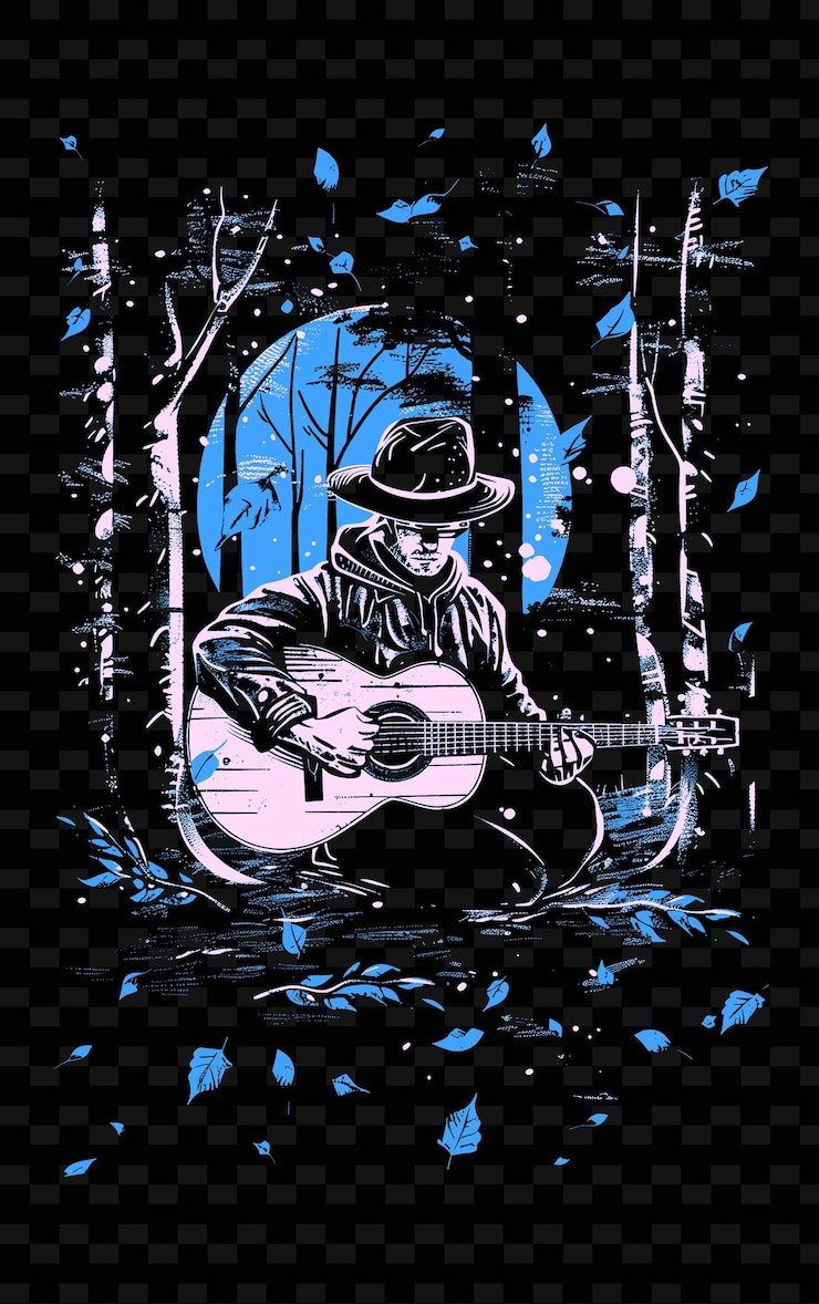 PSD cantante folclórico tocando una guitarra en un bosque con hojas falli ilustración vectorial de música poster idea