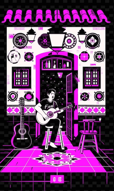 PSD cantor de fado em uma taverna de lisboa com azulejos e guitarras pos ilustração vector ideia de poster de música