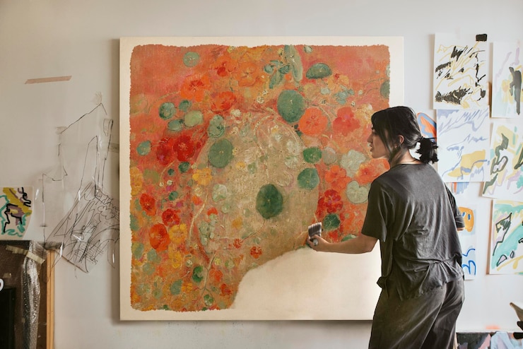 PSD canvas-mockup mit malerei einer künstlerin psd remixt aus public-domain-kunstwerken von odilon redon