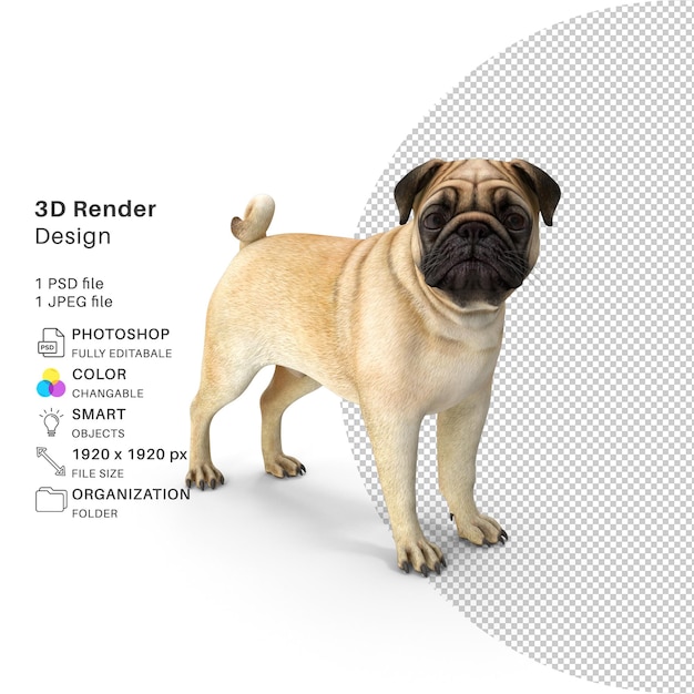 PSD cão 3d - pug - imagem renderizada em 3d - cão realístico