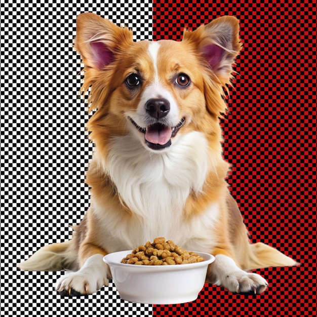 PSD cão adorável com uma tigela de comida em fundo transparente