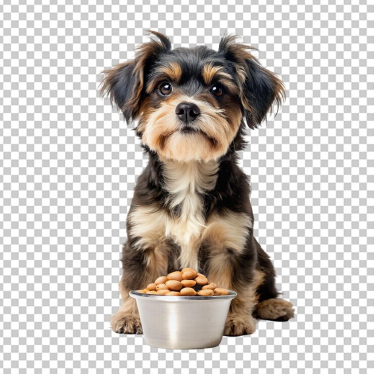 PSD cão adorável com uma tigela de comida.