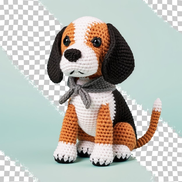 PSD cão beagle de crochê amigurumi em várias cores e um laço sentado em um fundo transparente