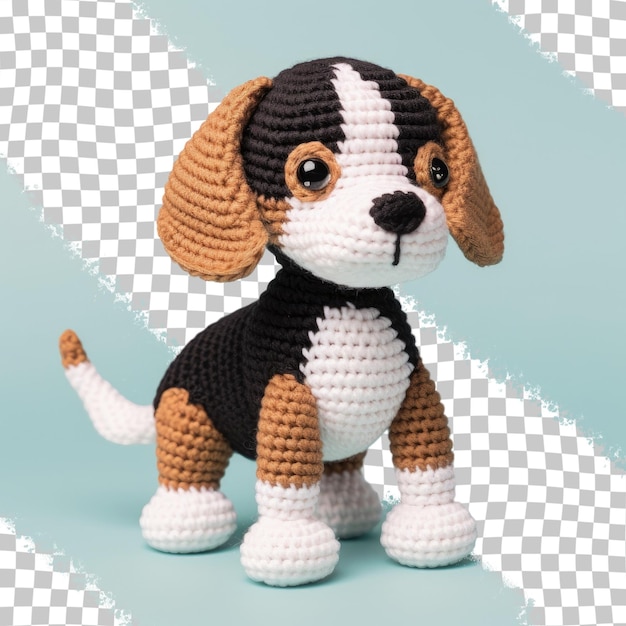 PSD cão beagle de crochê amigurumi em várias cores e um laço sentado em um fundo transparente