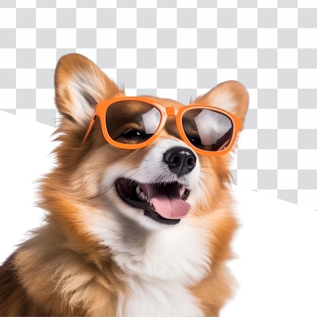 Cão castanho Cão Corgi fresco e feliz com óculos de sol pronto para o verão