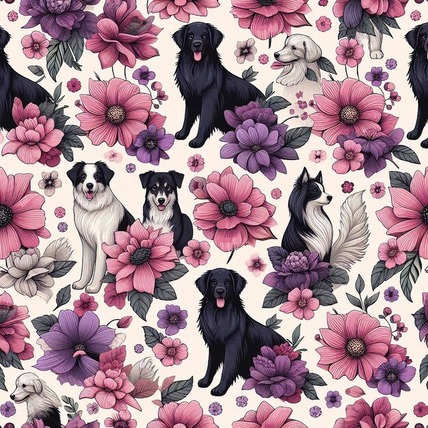 PSD cão com fundo de flor com padrão sem costura