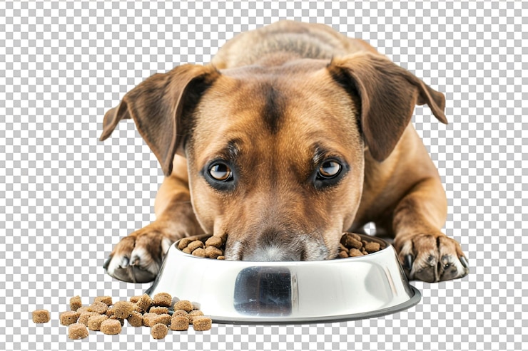 PSD cão com tigela de aço inoxidável de comida para cães isolado