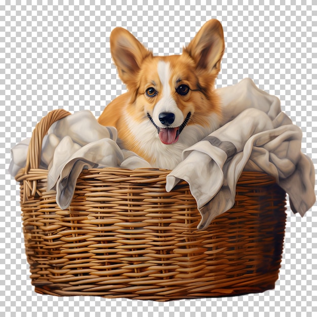 PSD cão corgi na cesta isolado em fundo transparente