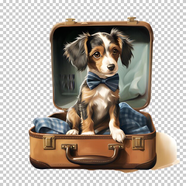 PSD cão engraçado sentado em uma mala isolado em fundo transparente