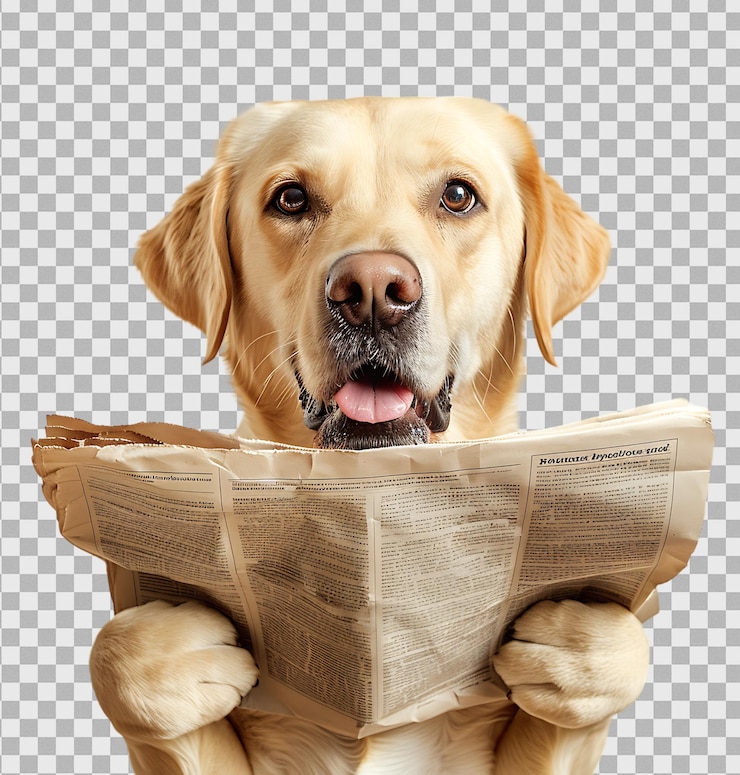 PSD cão labrador retriever segurando um jornal na boca em um fundo transparente
