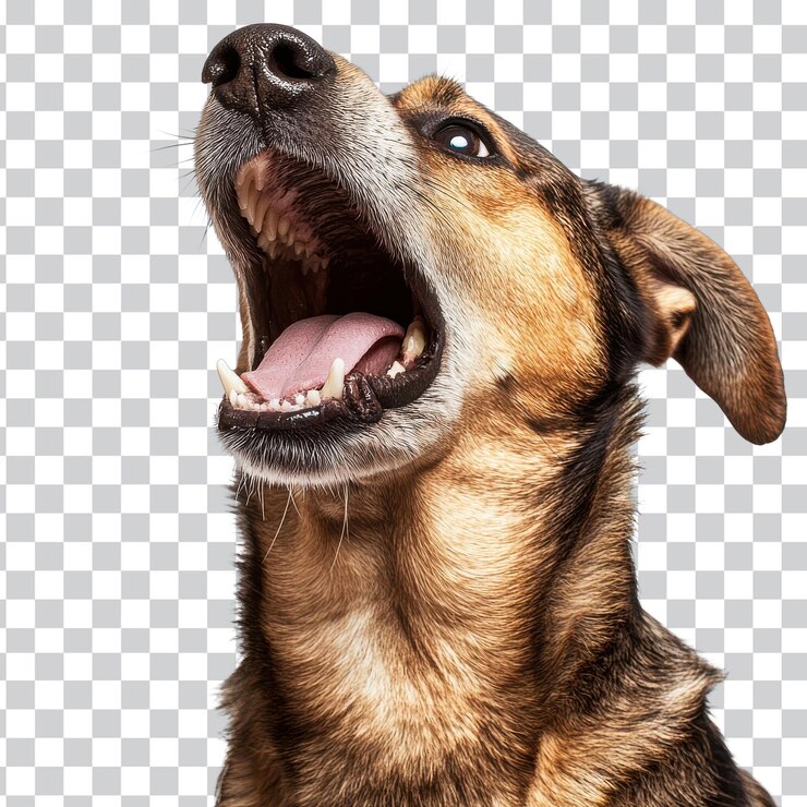 PSD cão ladrando com a boca aberta em fundo branco para conteúdo relacionado a animais de estimação em fundo transparente