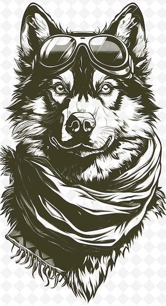 PSD cão malamute com um lenço de inverno e óculos olhando pronto f animais sketch art coleções vetoriais