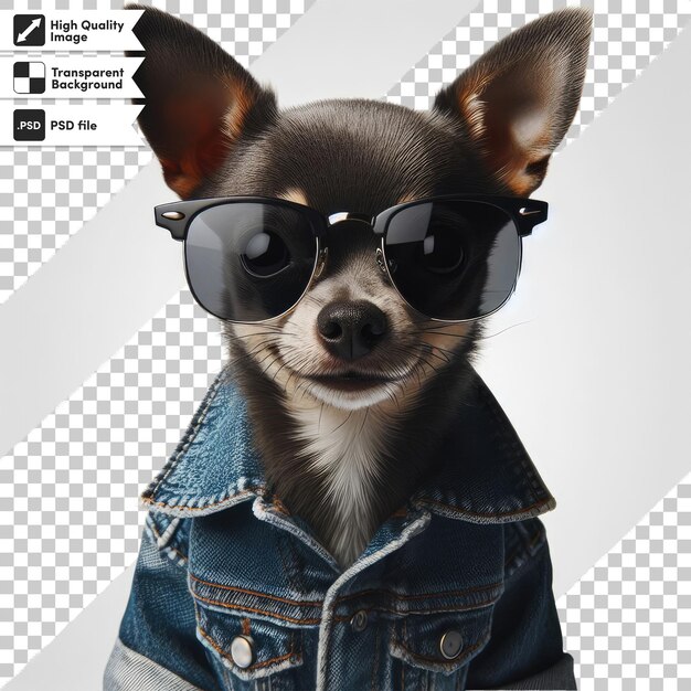 PSD cão psd em uma jaqueta de jeans e óculos de sol em fundo transparente com camada de máscara editável