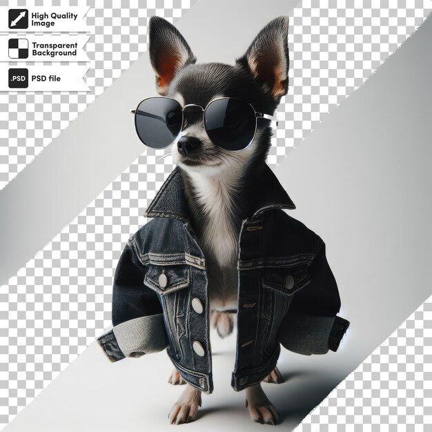 PSD cão psd em uma jaqueta de jeans e óculos de sol em fundo transparente com camada de máscara editável