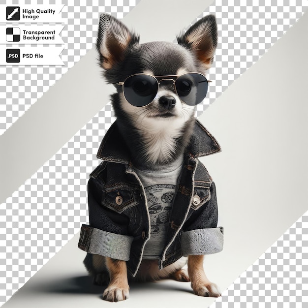 Cão psd em uma jaqueta de jeans e óculos de sol em fundo transparente com camada de máscara editável