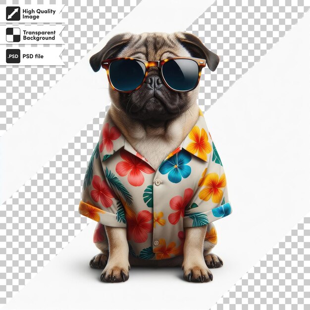 Cão psd usando óculos de sol com vibração tropical em fundo transparente